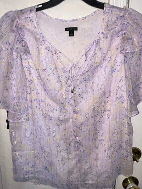 Anne Taylor Floral Tie Neck short Flutter Sleeve Top